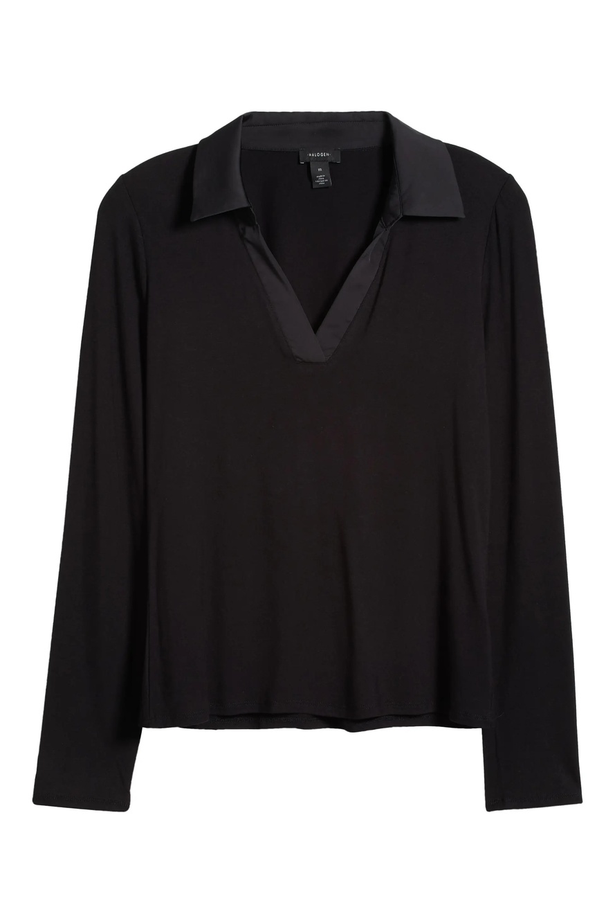 HALOGEN XL Contrast Collar Polo Sweater Black Collared shirt Silk collar